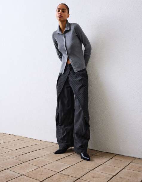 Bershka - Cardigan a coste con chiusure con gancetti grigio chiaro - view 1