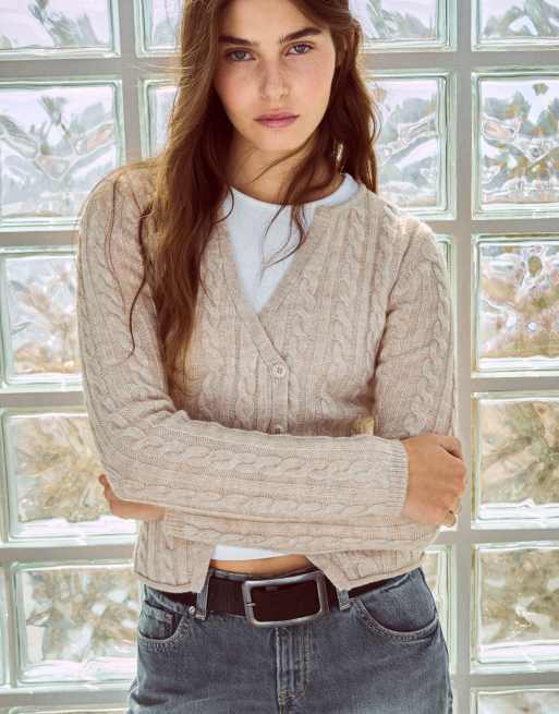 Bershka cardigan avvolgente in maglia beige, 4 di 5