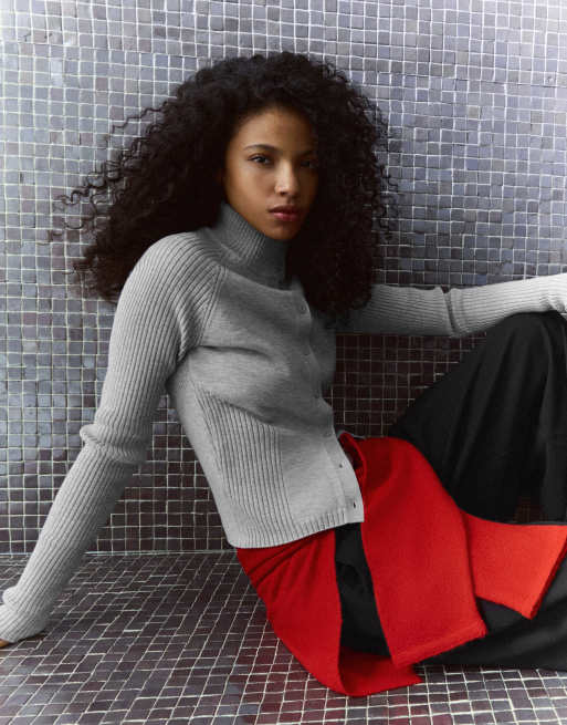 Bershka cardigan con collo alto e bottoni grigio, 4 di 5
