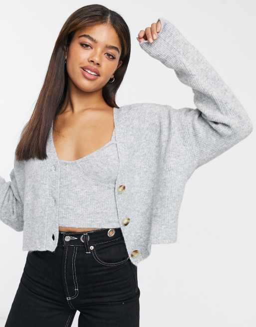 Bershka - Cardigan da twinset in maglia grigio in coordinato