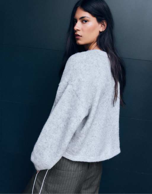 Bershka cardigan girocollo con chiusura a ganci grigio, 3 di 5