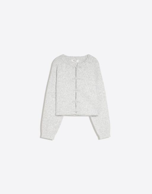 Bershka cardigan girocollo con chiusura a ganci grigio, 5 di 5