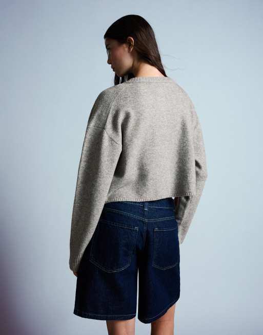Bershka - Cardigan grigio in maglia con bottoni e scollo rotondo, 3 di 5