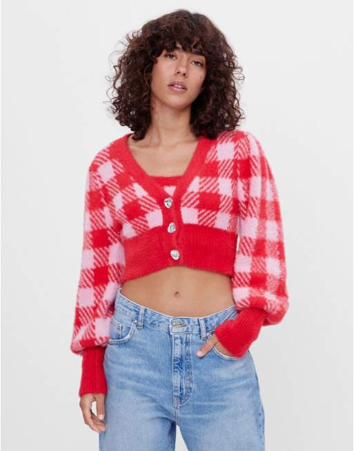 Bershka - Cardigan i rødt ternet print med juvel-knapper - Del af sæt