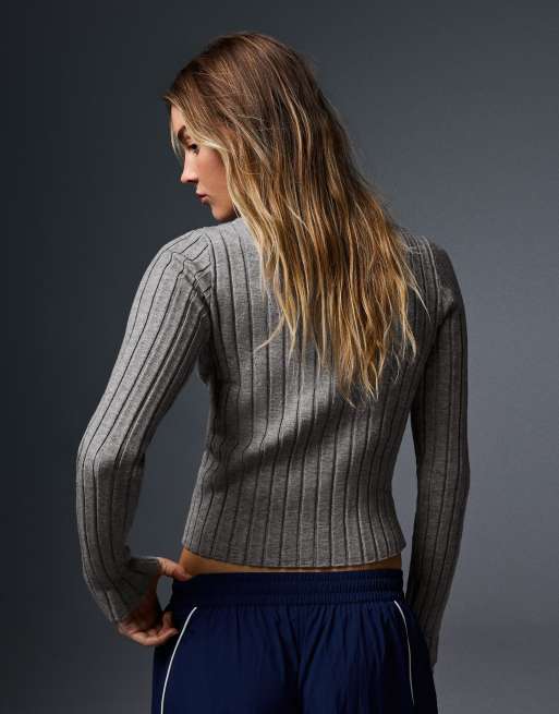 Bershka cardigan in maglia a coste con zip grigio, 3 di 5
