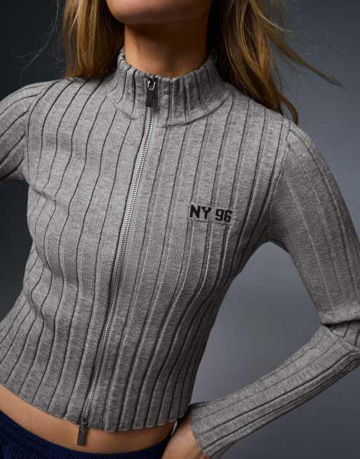 Bershka cardigan in maglia a coste con zip grigio, 4 di 5