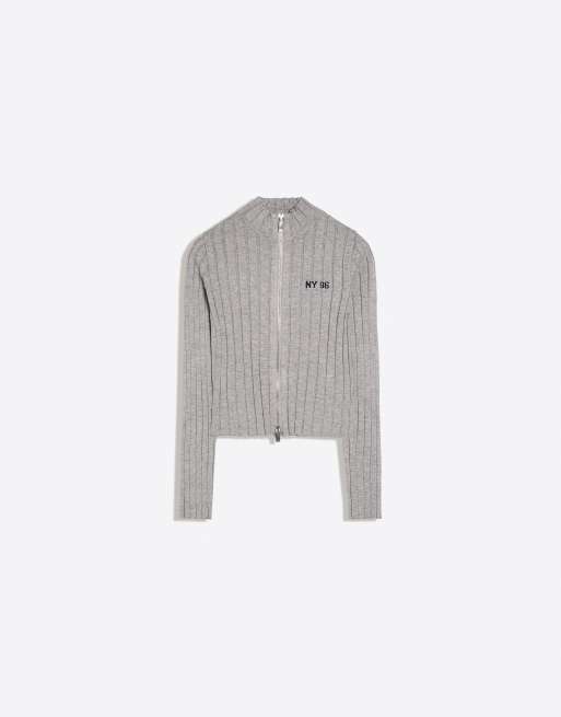 Bershka cardigan in maglia a coste con zip grigio, 5 di 5