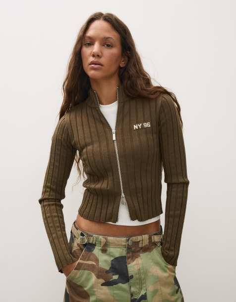 Bershka cardigan in maglia a coste con zip, kaki - view 1