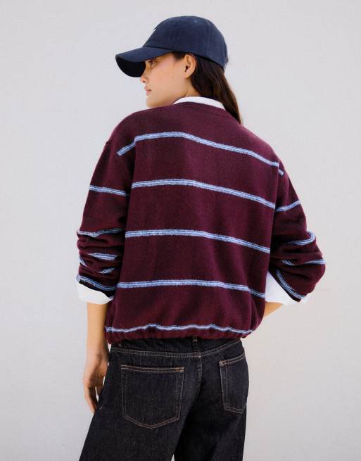 Bershka cardigan in maglia a righe girocollo bordeaux, 3 di 6