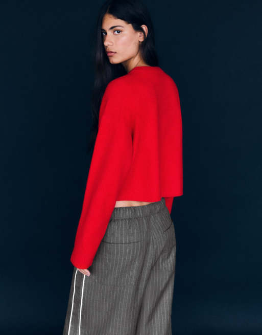 Bershka cardigan in maglia con girocollo e bottoni rosso, 3 di 5