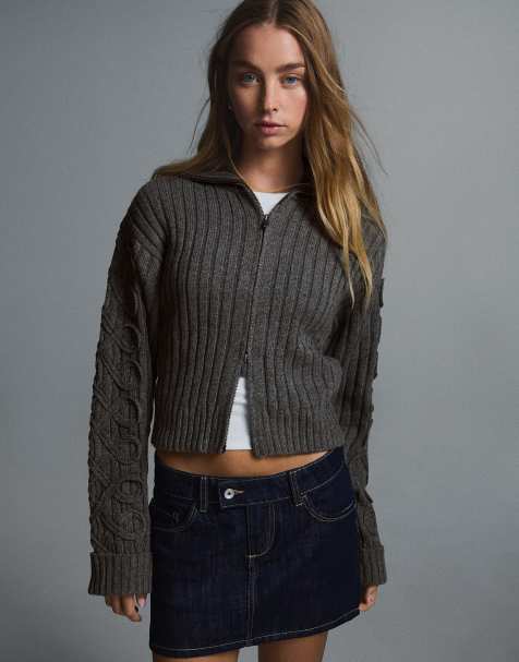 Bershka - Cardigan in maglia grigia con zip - view 1