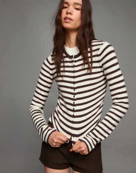 Bershka - Cardigan in maglia marrone a righe - view 1