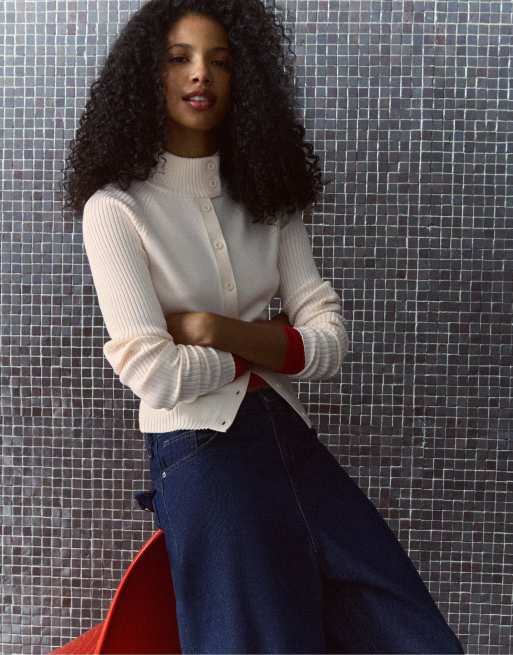 Bershka cardigan med høj hals og knapper i råhvid, 2 af 5