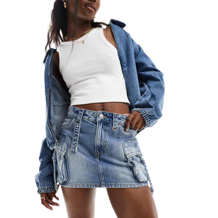 Bershka cargo denim mini skirt in mid blue ASOS