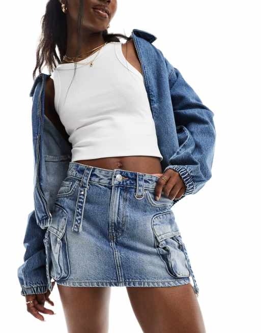 Bershka cargo denim mini skirt in mid blue | ASOS