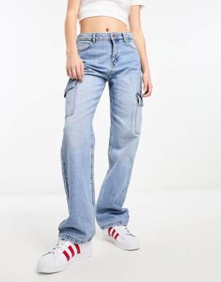 Bershka Cargo Jeans In Mid Blue Wash