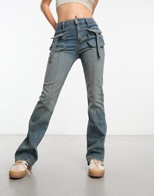 Bershka cargo jeans in washed blue  - ASOS Price Checker