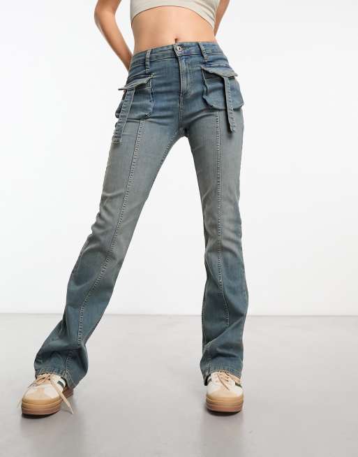 Bershka cargo jeans in washed blue