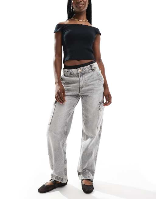 Bershka - Cargo jeans met hoge taille in grijs met wassing