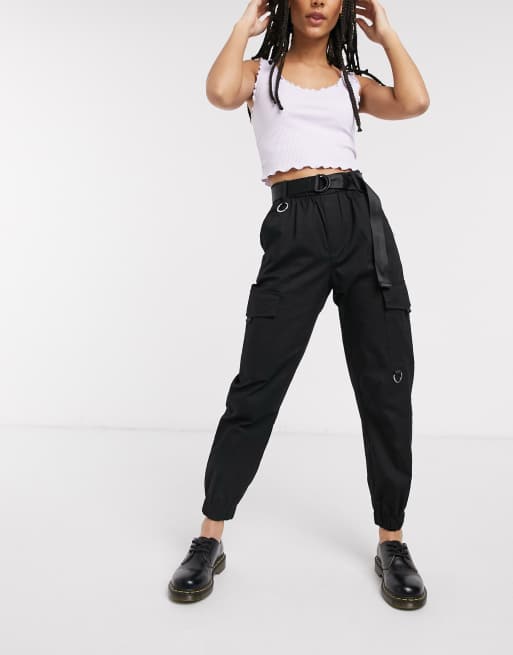 Bershka cargo pant with belt in black ASOS
