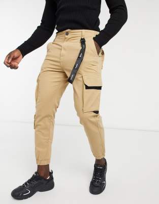 Bershka Cargo Pants In Dark Beige With Black Trim Detail-grey