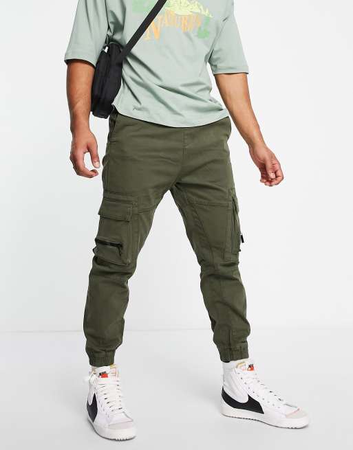 Bershka utility cargo trouser in khaki, ASOS