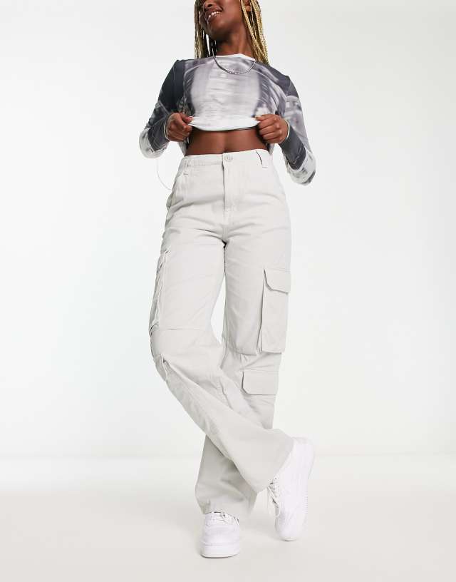 Bershka cargo pants in pale gray