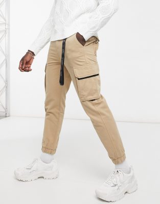 Bershka Cargo Pants With Key Chain In Camel-neutral