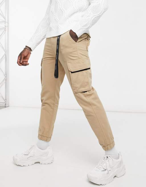 Bershka cargo pants with key chain in camel