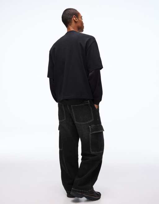 Bershka Cargo parachute jeans in black, 3 of 4