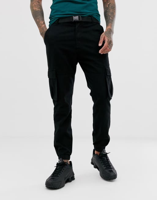 Bershka cargo sweatpants with belt in black ASOS