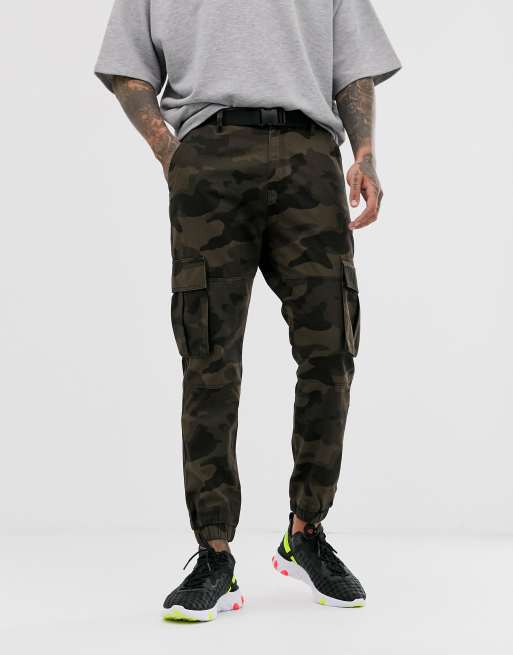 Bershka cargo sweatpants with belt in camo | ASOS