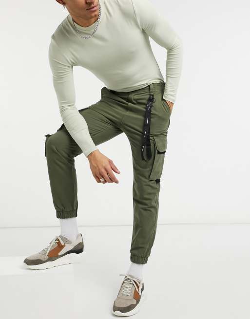 Bershka cargo trousers in khaki with black trim detail | ASOS