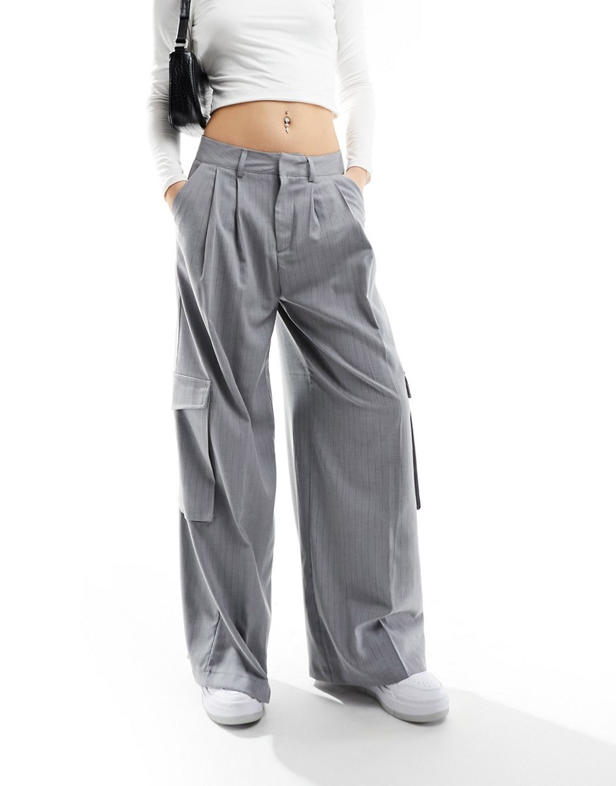 cargo wide leg tailored pants in gray pinstripe