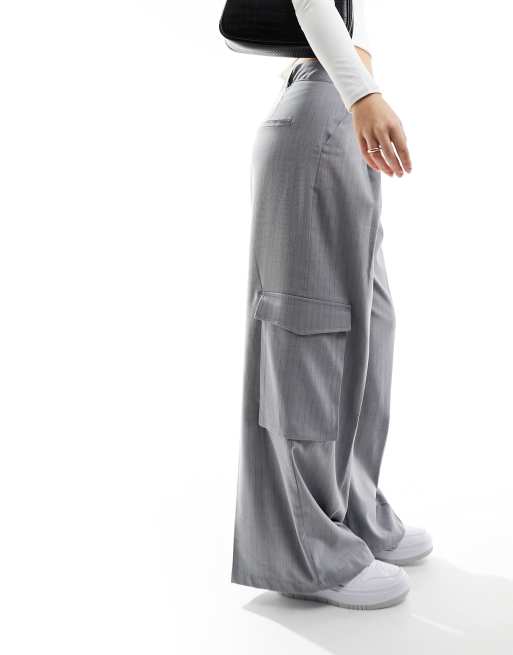 Bershka double waistband wide leg tailored pants in gray pinstripe