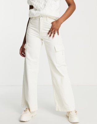 Bershka cargo wide leg trousers in cream - ASOS Price Checker