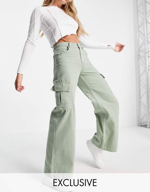 Bershka cargo wide leg trousers in washed khaki ASOS