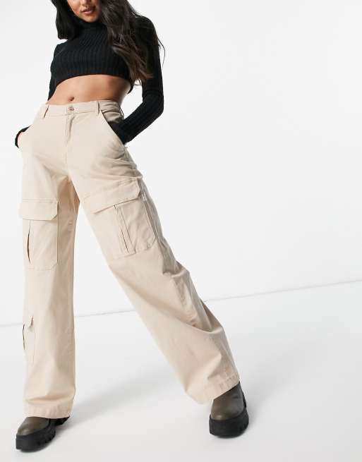 Bershka - Cargobroek van katoen met wijde pijpen in beige - TAN