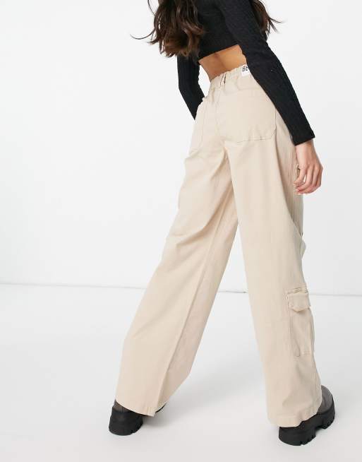 Bershka - Cargobroek van katoen met wijde pijpen in beige - TAN, 2 van 4
