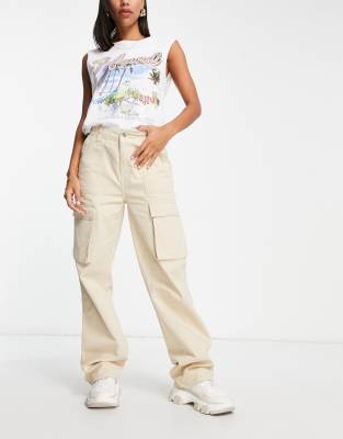 Bershka - Cargohose in Beige mit geradem Bein-Neutral