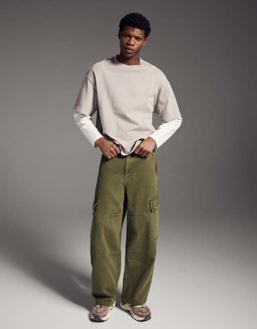 Bershka - Cargojeans met parachutepijpen in kaki, 2 van 4