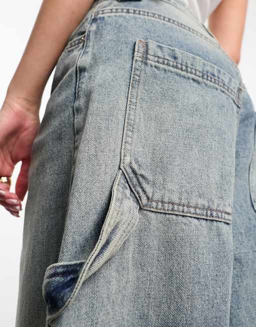 Bershka - Carpenter jeans met verstelbare taille in lichtblauw met dirty wassing, 5 van 5