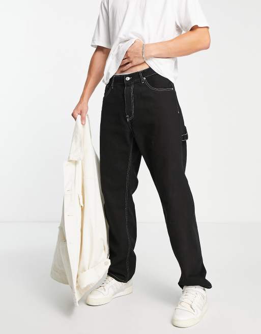 Black Contrast Stitch Carpenter Shirt and Cargo Pants Clothing Set