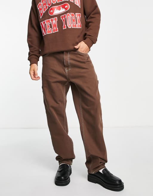 Bershka carpenter jeans with contrast stitch in brown