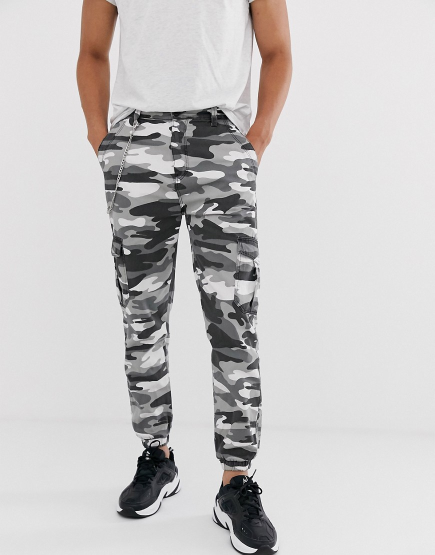 Bershka carrot fit cargo trousers with chain in black