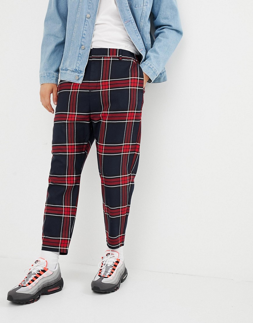 Bershka carrot fit check trousers in black and red