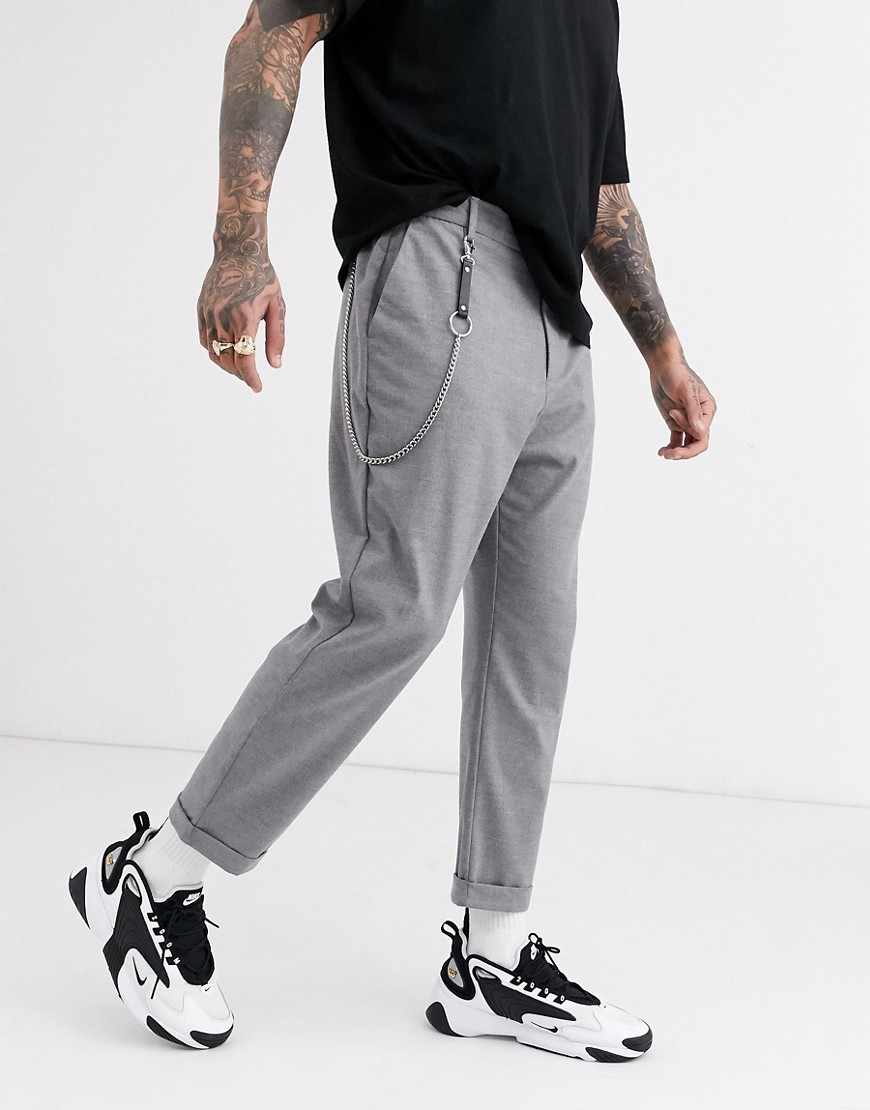 Bershka carrot fit pants with chain in gray