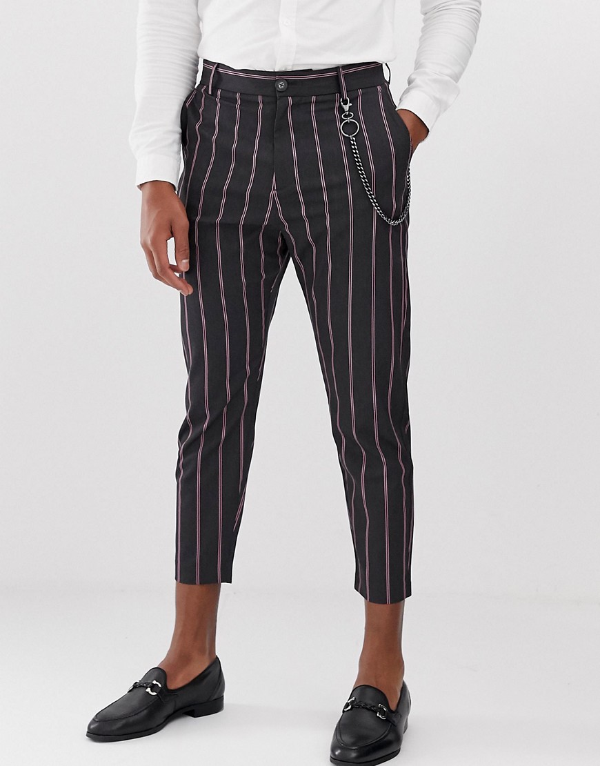 Bershka carrot fit trousers in black with pink stripes