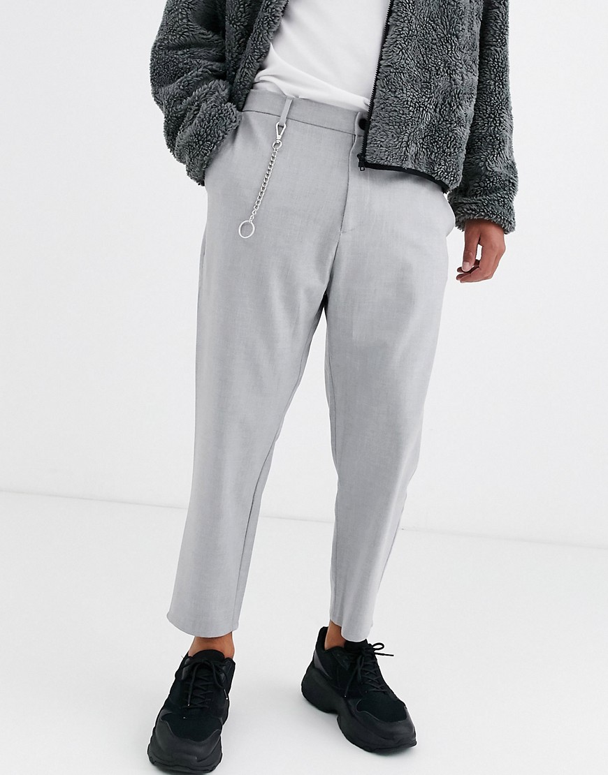 Bershka carrot fit trousers with chain detail in grey