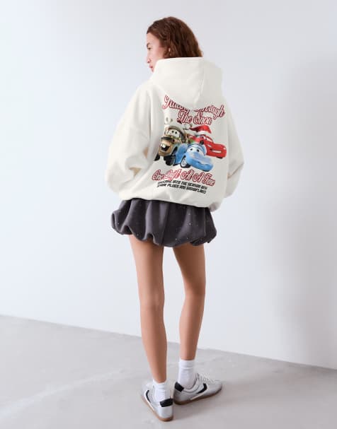Bershka Cars print hood sweatshirt with hood sweatshirt in white - view 1